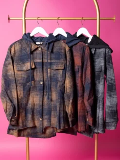 Raw Hem Plaid Button Down Shacket W/ Drawstring Hood | S-L *Final Sale*
