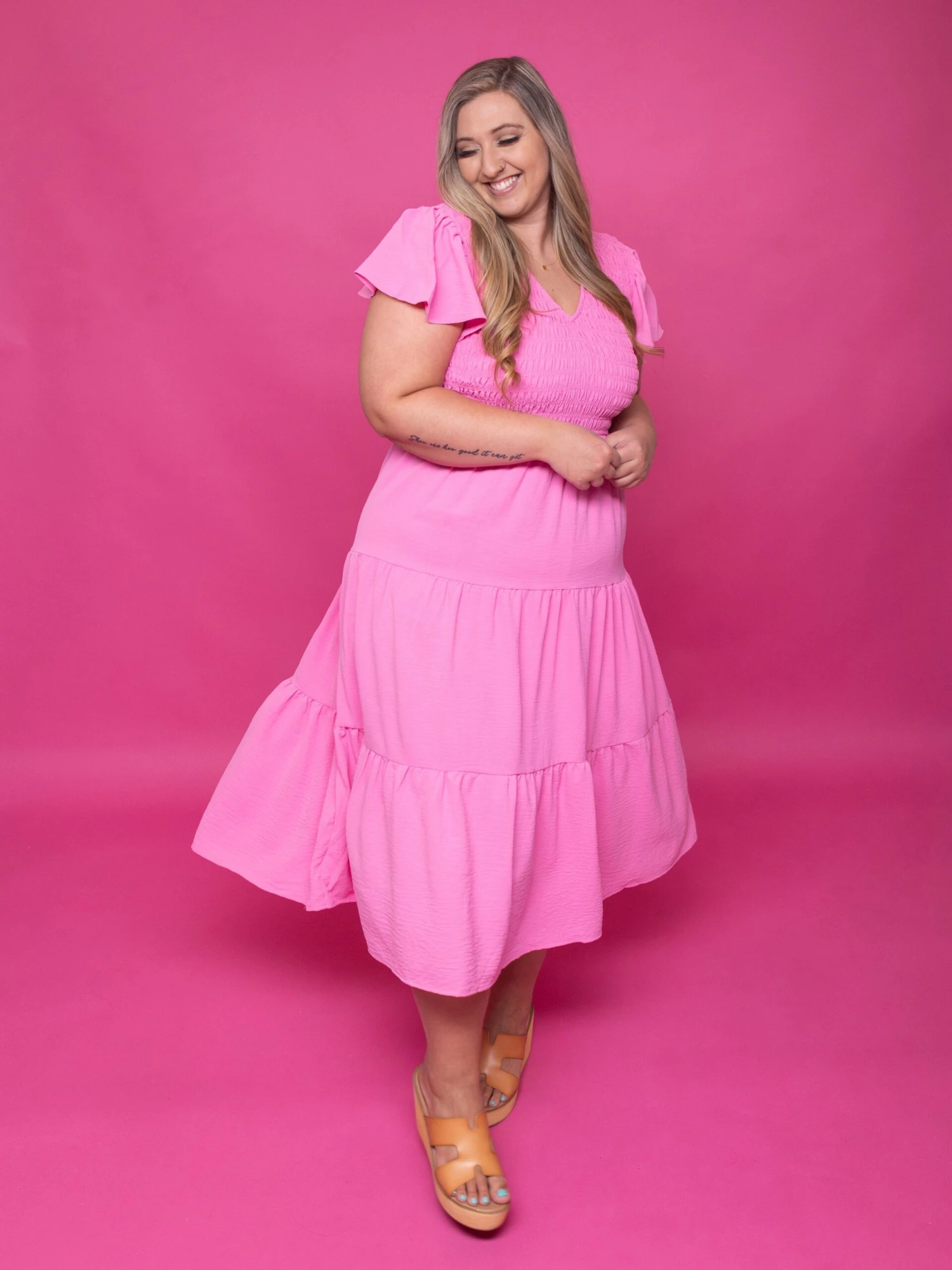 Flutter Sleeve V Neck Smocked Midi Dress | S-3X 3 Flutter Sleeve V Neck Smocked Midi Dress | S-3X - Image 3