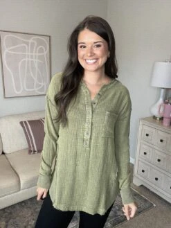 Washed Button Down Long Sleeve Henley Top-