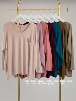 Zenana Oversized V-Neck Long Sleeve Top W/ Chest Pocket | S - XL