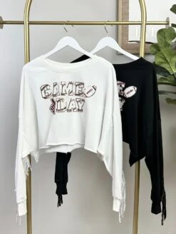 Sequin Game Day Patch Fringed Sweatshirt | S - L