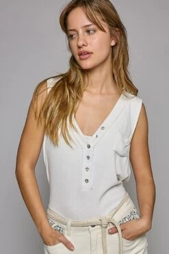 POL Sleeveless V-Neck Button Closure Tank Top | S - L