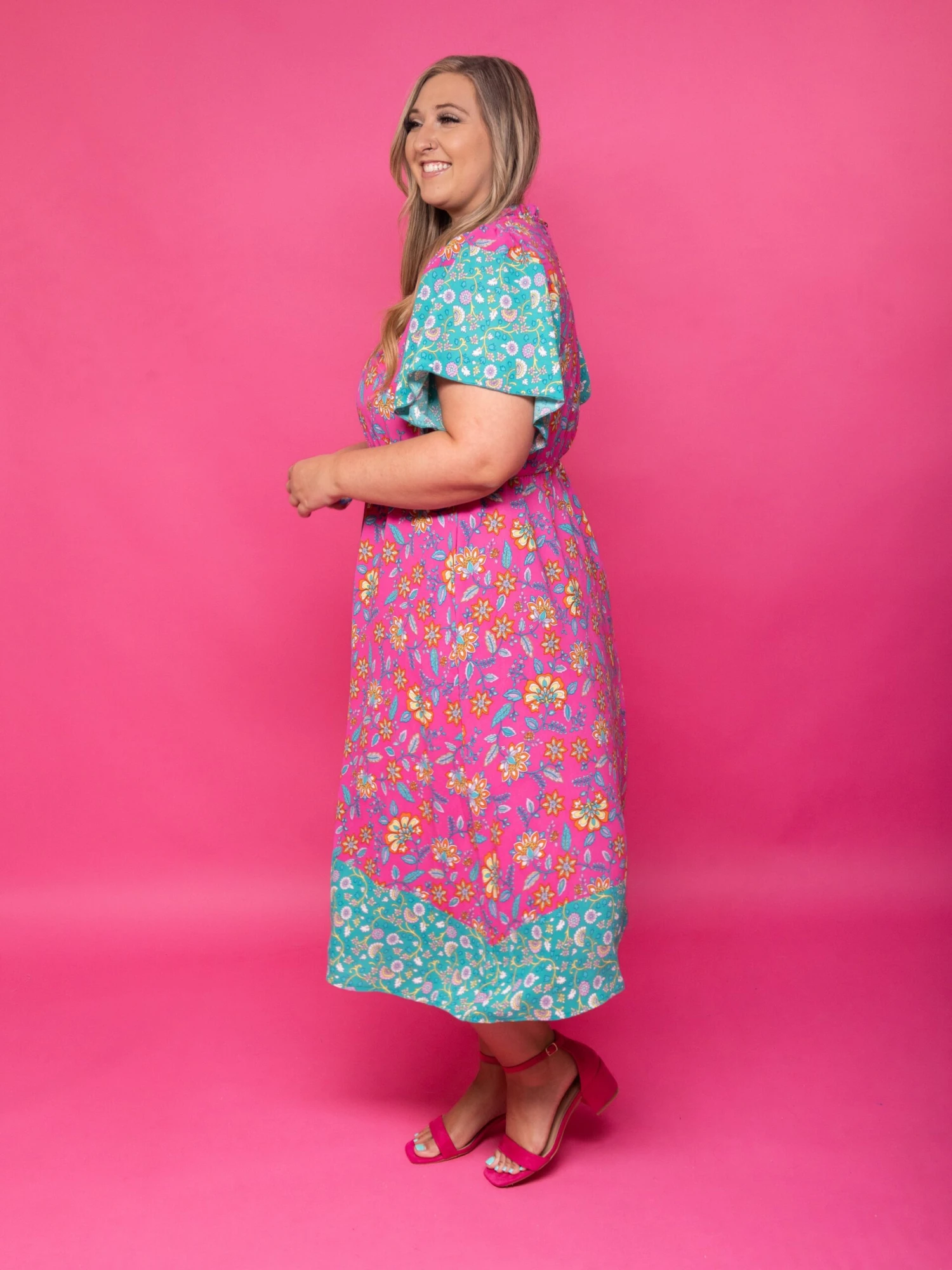 Mock Neck Floral Colorblock Short Sleeve Midi Dress | S - 3XL 3 Mock Neck Floral Colorblock Short Sleeve Midi Dress | S - 3XL - Image 3