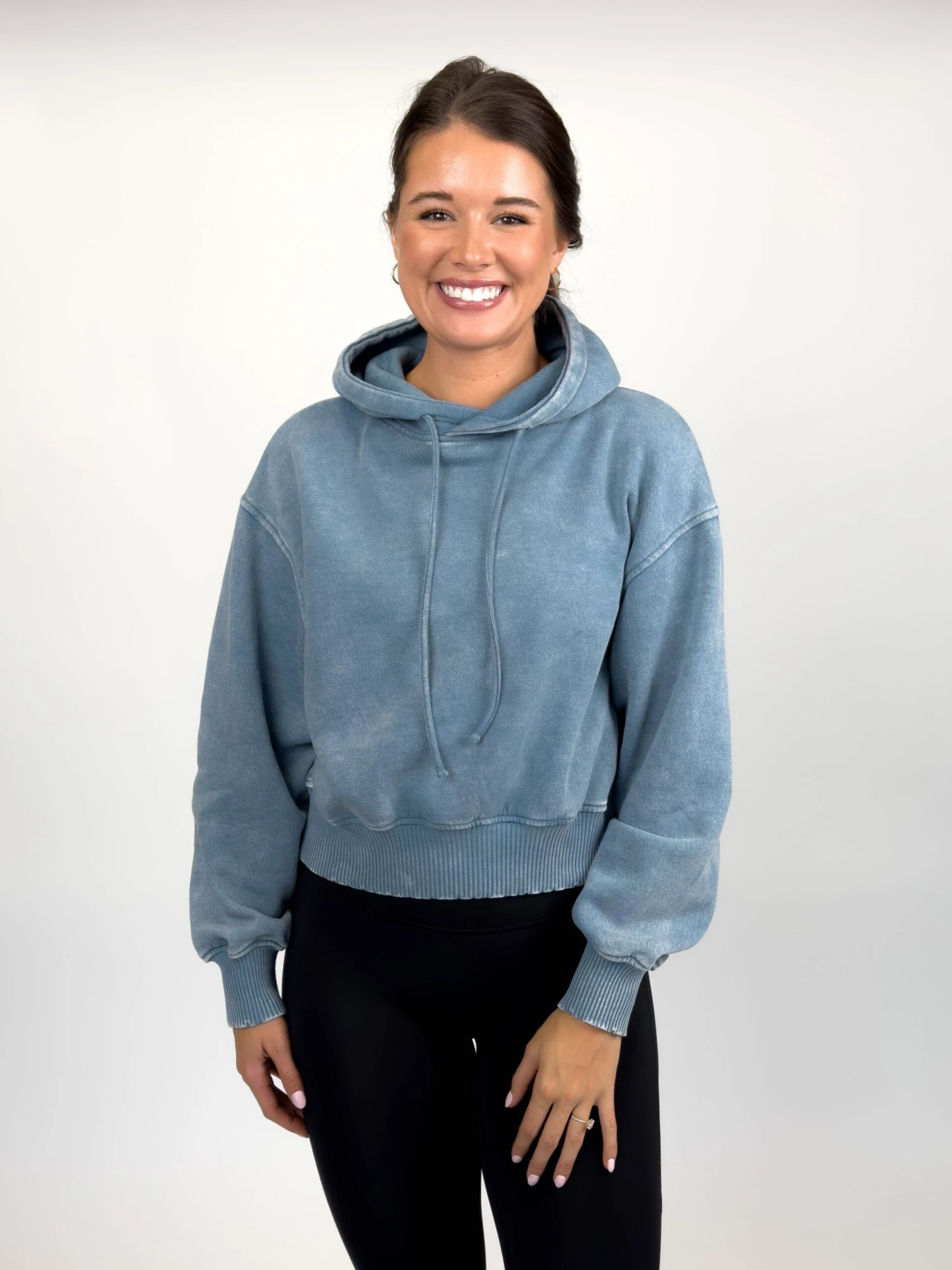 Zenana Acid Wash Cropped Fleece Long Sleeve Drawstring Hoodie | S - L 2 Zenana Acid Wash Cropped Fleece Long Sleeve Drawstring Hoodie | S - L - Image 2