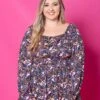Square Neck Floral Print Babydoll Top W/ Long Bubble Sleeves | S-3X