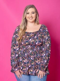 Square Neck Floral Print Babydoll Top W/ Long Bubble Sleeves | S-3X