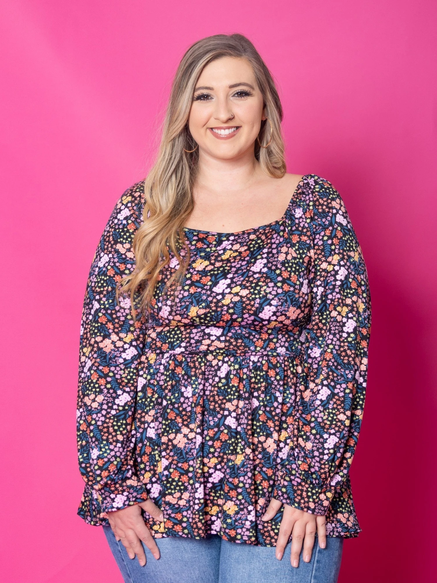 Square Neck Floral Print Babydoll Top W/ Long Bubble Sleeves | S-3X 1 Square Neck Floral Print Babydoll Top W/ Long Bubble Sleeves | S-3X