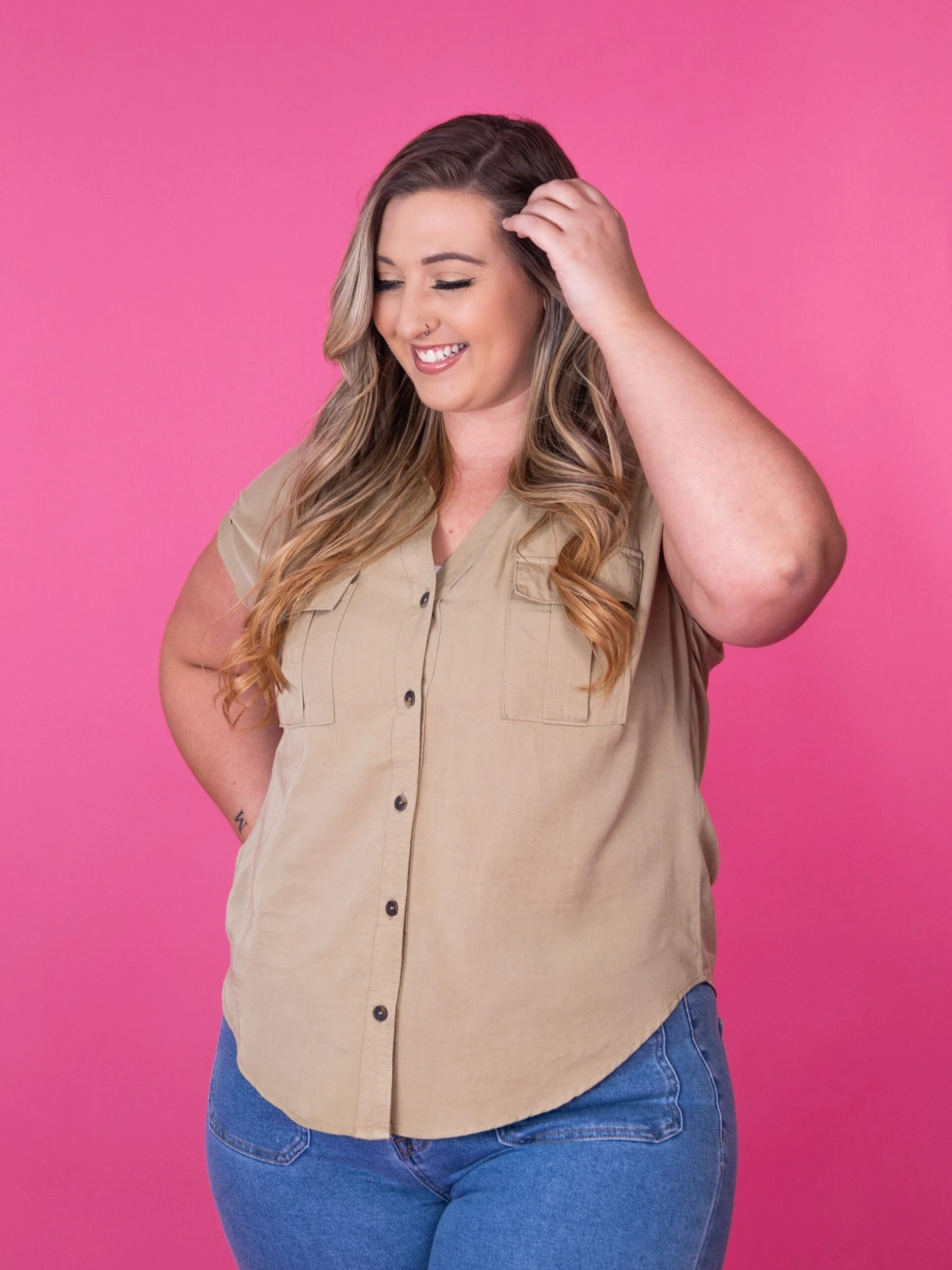 Zenana Tencel V Neck Collared Top W/ Front Flap Pocket | S-XL 4 Zenana Tencel V Neck Collared Top W/ Front Flap Pocket | S-XL - Image 4