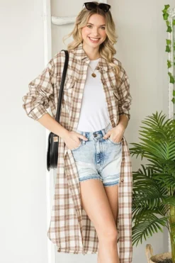 Plaid Print Pocket Button Down Long Shacket | S - 3X