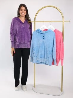 Zenana Long Sleeve Half Button Hoodie W/ Kangaroo Pocket | S-L