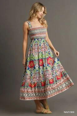 Satin A-Line Paisley Print Smocked Maxi Dress | S - L