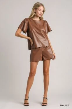 Faux Leather Short Scallop Sleeve Top | S-L Janel Set Live Set W/ Sku49897