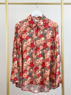 Print Button Down Long Sleeve Collared Top W/ Side Slits | S - 3X