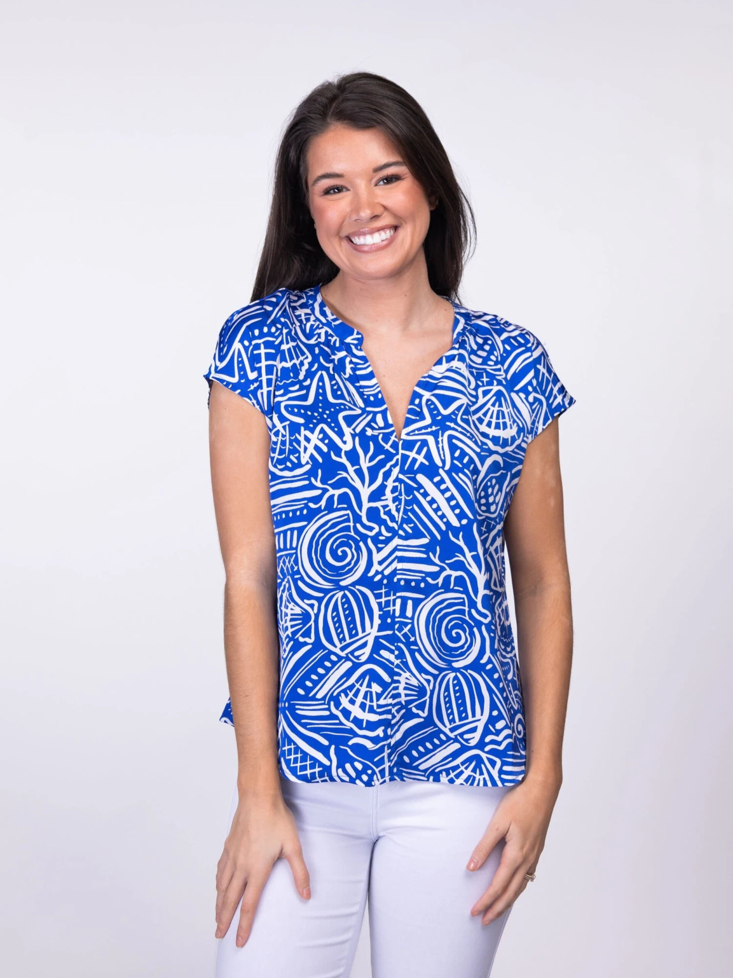 Short Sleeve V Neck Seashell Print Top | S-L 2 Short Sleeve V Neck Seashell Print Top | S-L - Image 2