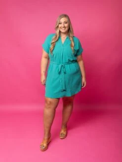 PRE-ORDER Blu Pepper Back Buttoned Belted Mini Dress | S-3X