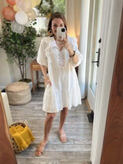 Textured Short Puff Sleeve Front Lace Detail Dress | S - L *Final Sale*