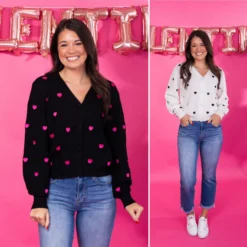 Long Sleeve Button Down Cardigan W/ Heart Print | S-L