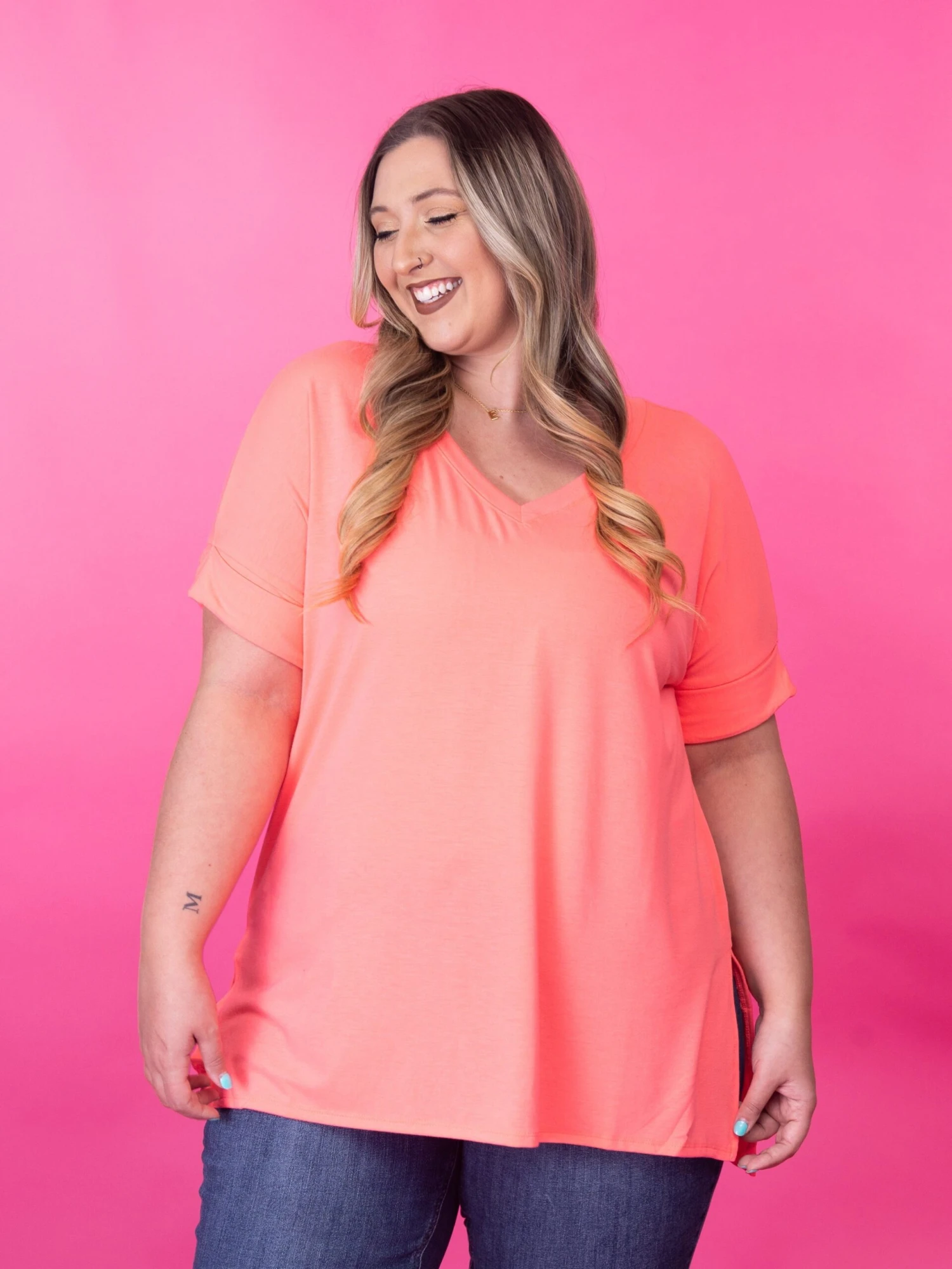 Zenana Vneck Rolled Short Sleeve V-Neck Top | S-3X 3 Zenana Vneck Rolled Short Sleeve V-Neck Top | S-3X - Image 3