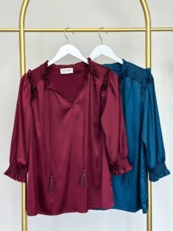 Satin 3/4 Ruffle Sleeve Tassel Drawstring Blouse | S - 3X