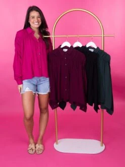 Shirred Shoulders Long Sleeve Button Down Collared Blouse | S-3X