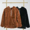 Zenana Faux Fur Half Zip Long Sleeve Hoodie W/ Kangaroo Pocket | S - XL