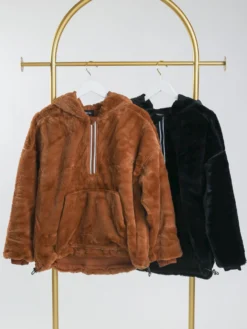 Zenana Faux Fur Half Zip Long Sleeve Hoodie W/ Kangaroo Pocket | S - XL