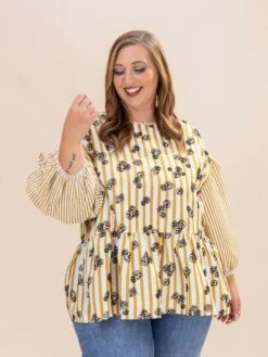 Flocked Floral Printed Striped Peplum Top | S-3XL