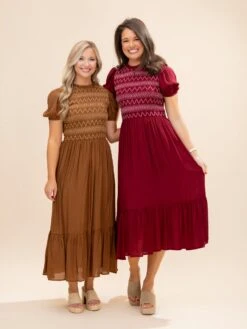 Contrast Smocked Detail Puff Sleeve Midi Dress | S-L