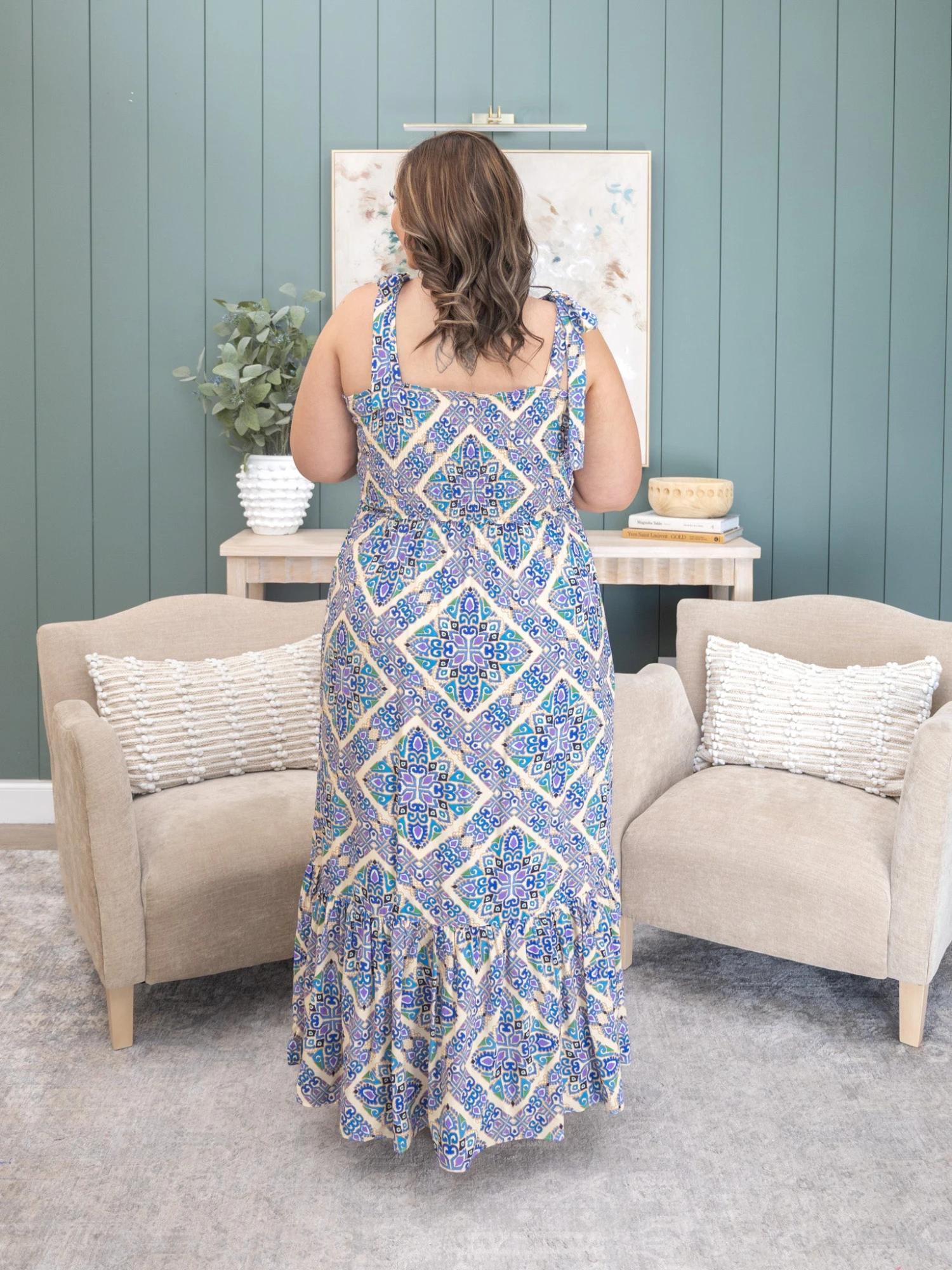 STACCATO Smocked Chest Strap Tie Shoulder Geo Printed Maxi Dress | S-XL 3 STACCATO Smocked Chest Strap Tie Shoulder Geo Printed Maxi Dress | S-XL - Image 3