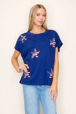 Sequin USA Flag Star Short Sleeve Top | S-XL White Birch