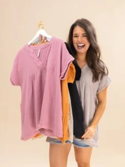 Zenana Gauze Raw Edge Short Sleeve V Neck Babydoll Shirt | S-3X -Discount Divas Shop a4d21776514f500cd63ea7be444e89ad