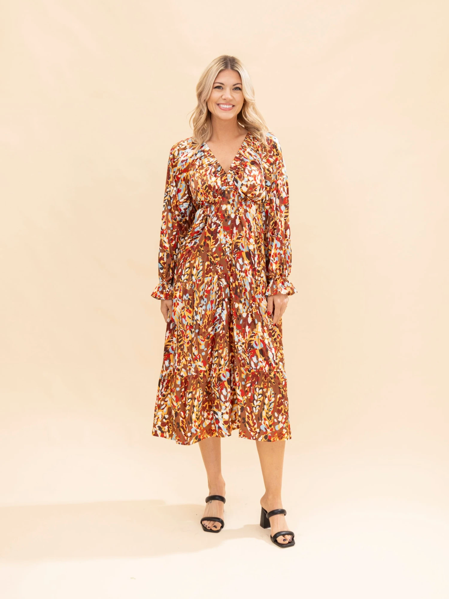 Long Sleeve Deep V Neck Satin Floral Print Tiered Maxi Dress | S-3XL 2 Long Sleeve Deep V Neck Satin Floral Print Tiered Maxi Dress | S-3XL - Image 2