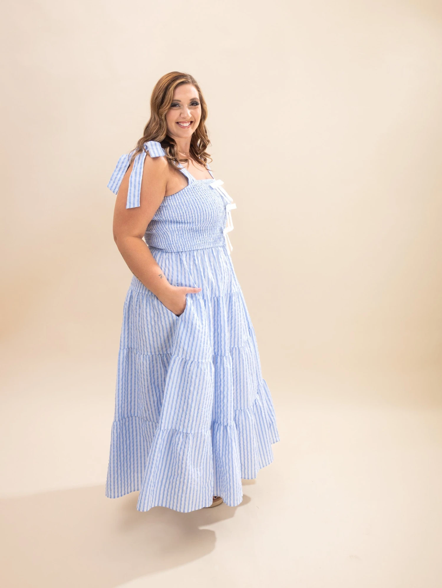Striped Sleeveless Tiered Midi Dress W/ Front Ribbon | S-3XL 3 Striped Sleeveless Tiered Midi Dress W/ Front Ribbon | S-3XL - Image 3