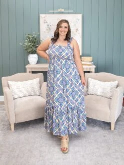 STACCATO Smocked Chest Strap Tie Shoulder Geo Printed Maxi Dress | S-XL