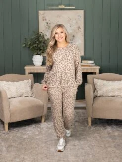 Leopard Print Long Sleeve Peplum Lounge Pullover | S-L Set W/ Sku48795