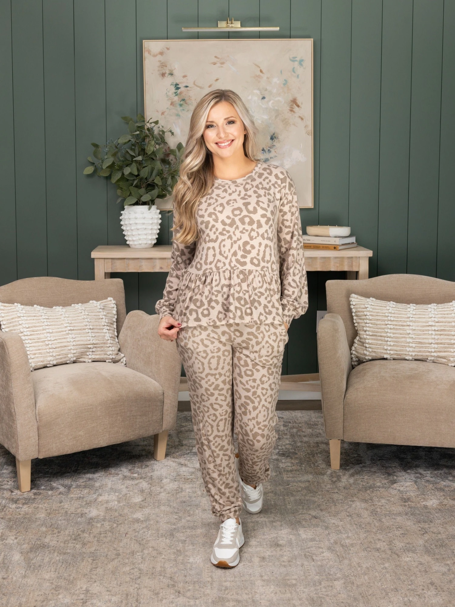 Leopard Print Long Sleeve Peplum Lounge Pullover | S-L Set W/ Sku48795 1 Leopard Print Long Sleeve Peplum Lounge Pullover | S-L Set W/ Sku48795
