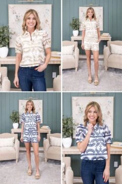 Geometric Pattern Embroidered Button Up Top | S - L Pair W/ Sku58472