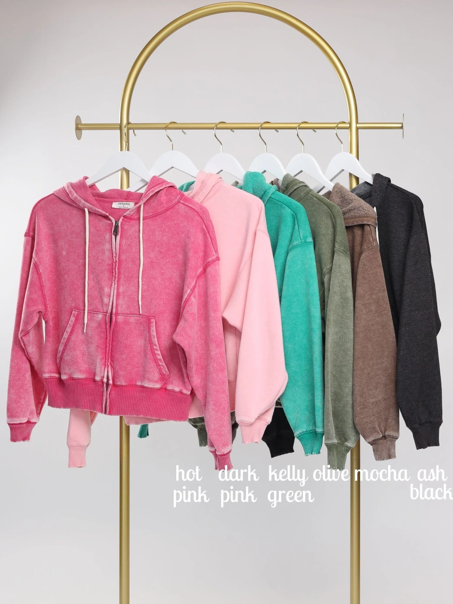 Zenana Acid Wash Long Sleeve Zip Up Fleece Drawstring Hoodie | S-L 1 Zenana Acid Wash Long Sleeve Zip Up Fleece Drawstring Hoodie | S-L