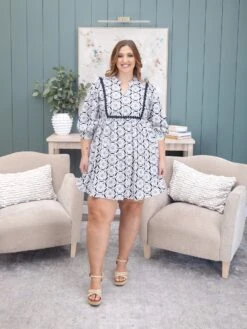 Geometric Print Short Dress With 3/4 Sleeves | S-L