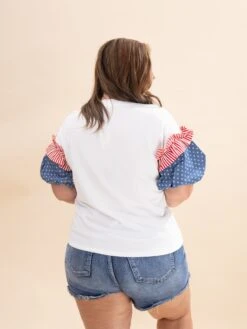 Ruffle Accent Contrast Puff Sleeve Top | S-L Americana 5 Ruffle Accent Contrast Puff Sleeve Top | S-L Americana -Discount Divas Shop a8e4709ab3fd28ed77638b6bfeedf8a4