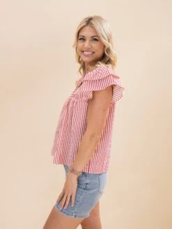 Ruffle Sleeve Woven Stripe Top With Pintuck Detail And Front Tie | S-L -Discount Divas Shop a9191229eaa9e2a50d41043d4543221c