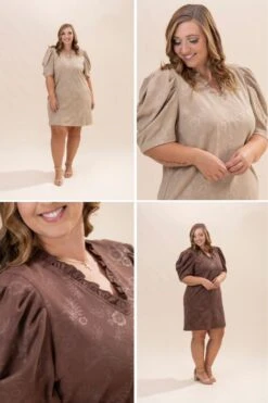 Floral Jacquard Print Dress With Pleated Puff Sleeves | S-3XL