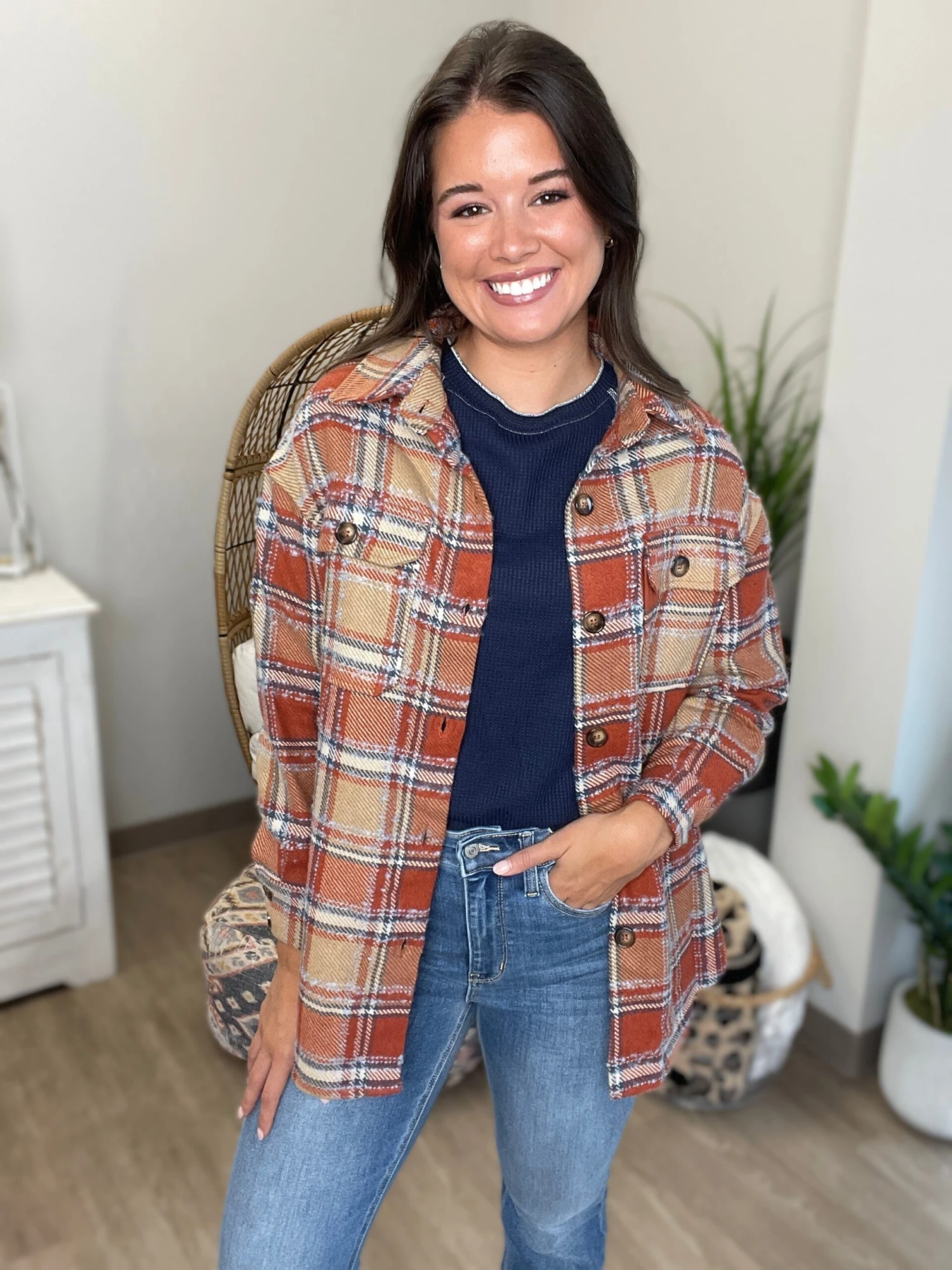 Collared Button Down Plaid Shacket W/ Slits & Flap Pockets | S - XL 1 Collared Button Down Plaid Shacket W/ Slits & Flap Pockets | S - XL