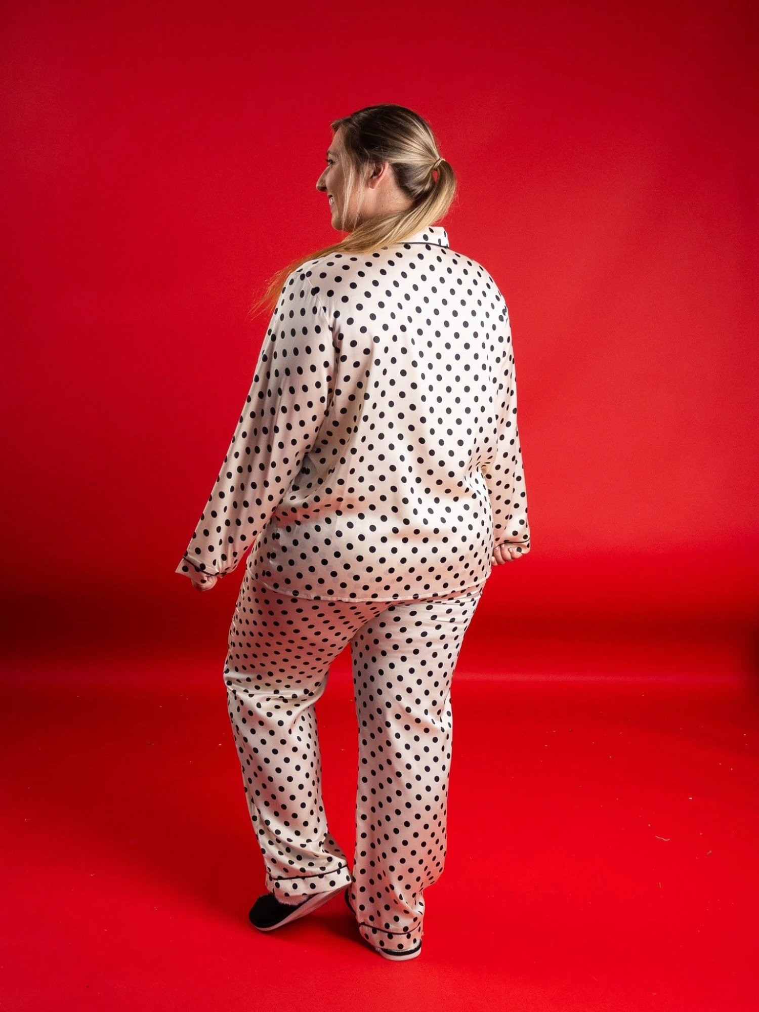 Polka Dot Button Down Long Sleeve Satin Lounge Pajama Top | S - 3X 2 Polka Dot Button Down Long Sleeve Satin Lounge Pajama Top | S - 3X - Image 2