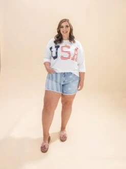 Judy Blue Mid Rise Star & StripeBleach Discharge Fray Hem Shorts | S-3XL Americana