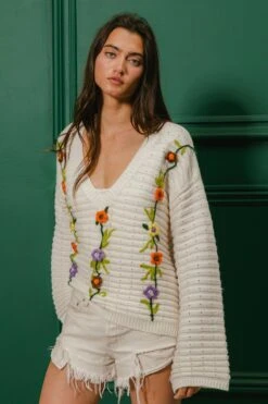 Crochet Flower Detail V-Neck Rib Sweater | S - XL BiBi