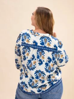 Floral Fall Print 3/4 Length Sleeve Blouse W/ Decorative Trim Details & Tassel Neck Tie | S-L -Discount Divas Shop ab65476bb90f928f1e93ff7936c92e0c