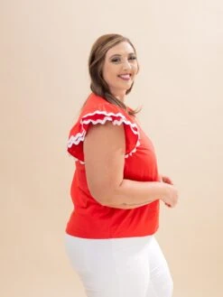 Ruffle Sleeve Round Neck Woven Top W/ Contrast Trim | S-L -Discount Divas Shop abeabc93c2b8a9dee0ab88e42d821fd6