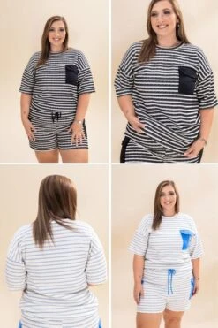 Short Sleeve Jacquard Stripe Top With Pocket | S-3XL Pair W/ Sku61963