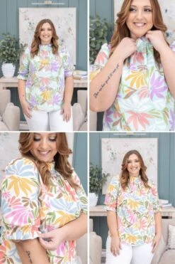 Floral Print Ruffled Neckline Puff Sleeve Top | S-XL